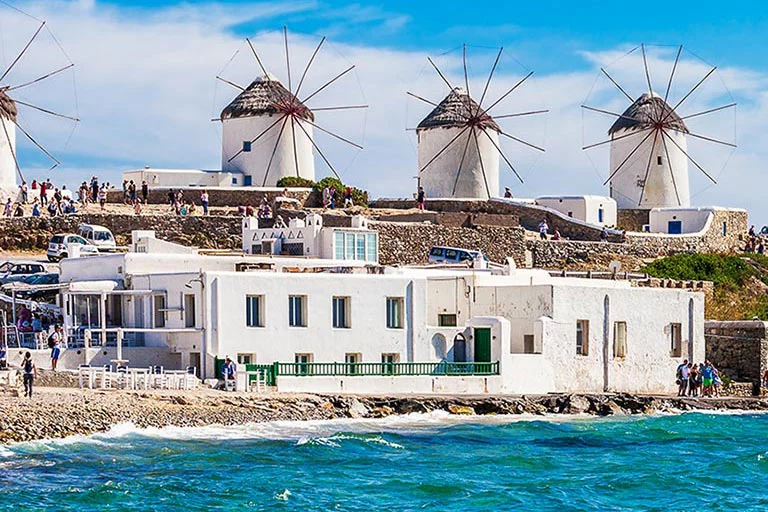 A full day Cruise from Santorini provides you the chance to enjoy a classic island – hopping combination. First, you will visit Ios with a stop at magical Maganari Beach and then on to the world famous Mykonos where you will get to know the magic of the island and enjoy a meal with local flavours.